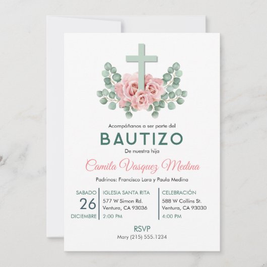 キュートなピンクのバラと葉バプティズバプテスマスペインの 招待状 (正面)