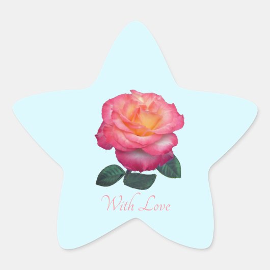 キュートなピンクのバラと"Love"のステッカー 星シール (正面)