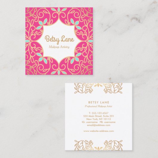 キュートなピンクのバラ金ゴールドの渦巻き旋回メイクアップアーティスト スクエア名刺 (正面/裏面)
