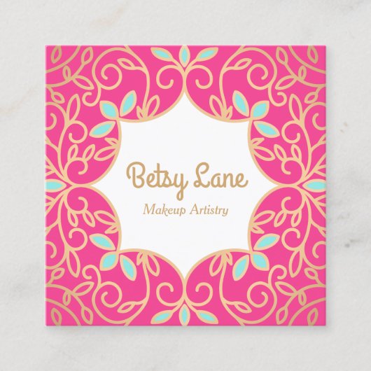 キュートなピンクのバラ金ゴールドの渦巻き旋回メイクアップアーティスト スクエア名刺 (正面)