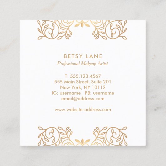 キュートなピンクのバラ金ゴールドの渦巻き旋回メイクアップアーティスト スクエア名刺 (裏面)