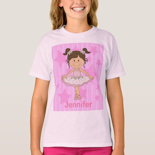 キュートなピンクのバレエの女の子オンスターストライプと Tシャツ (正面)
