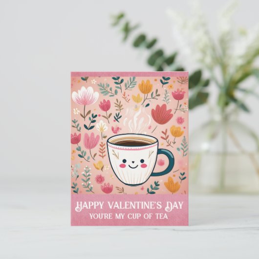 キュートなピンクのバレンタインデーあなたはお茶 ポストカード (スタンド正面)