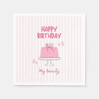 キュートなピンクのバースデーケーキ "Happy Birthday My Beauty" スタンダードカクテルナプキン