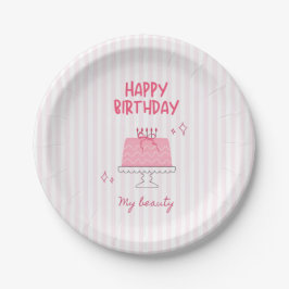 キュートなピンクのバースデーケーキ "Happy Birthday My Beauty" ペーパープレート