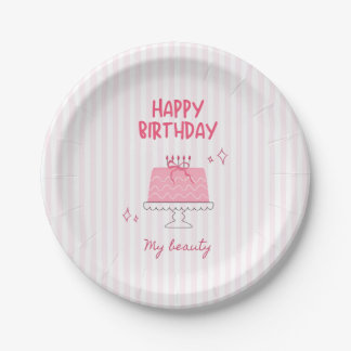 キュートなピンクのバースデーケーキ "Happy Birthday My Beauty" ペーパープレート
