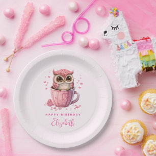 キュートなピンクのフクロウをカップバレンタイン誕生日 ペーパープレート