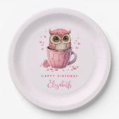 キュートなピンクのフクロウをカップバレンタイン誕生日 ペーパープレート (正面)