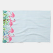 キュートなピンクのフラミンゴの熱帯縁ど花 キッチンタオル (横)