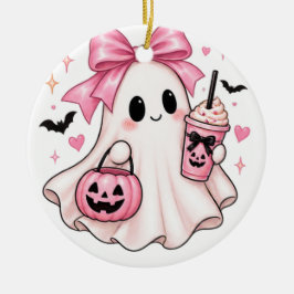 キュートなピンクのリボンのおばけ ハロウィン セラミックオーナメント