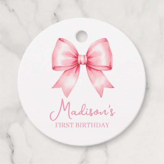 キュートなピンクのリボンの女の子の1歳の誕生日 フェイバータグ (正面)