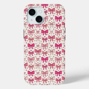 キュートなピンクのリボンハートの手描きパターン iPhone 15ケース