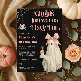 キュートなピンクのリボン付きレースのオバケのハロウィン誕生日 招待状