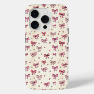 キュートなピンクのリボン ハート 星 コケット柄 iPhone 15 PROケース