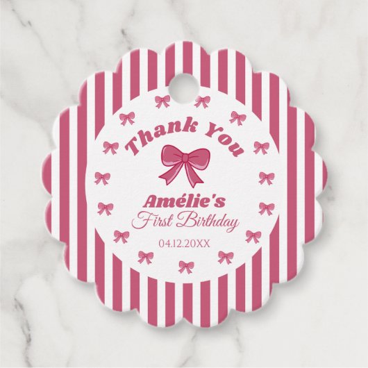 キュートなピンクのリボン 1歳の誕生日 フェイバータグ (正面)