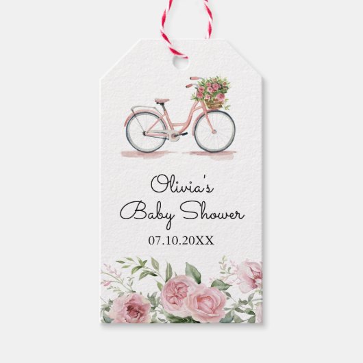 キュートなピンクのヴィンテージ自転車の女の子のベビーシャワー ギフトタグ (正面)