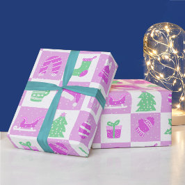 キュートなピンクの女の子 クリスマス スノー グリッド ラッピングペーパー