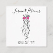 キュートなピンクの弓グレーと白のブレイダーのヘアスタイリング スクエア名刺 (正面)