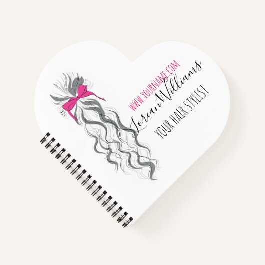 キュートなピンクの弓グレーと白のブレイダーのヘアスタイリング ノートブック (正面)