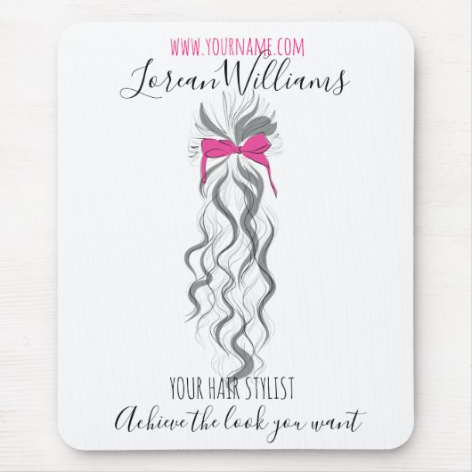 キュートなピンクの弓グレーと白のブレイダーのヘアスタイリング マウスパッド (正面)