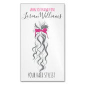 キュートなピンクの弓グレーと白のブレイダーのヘアスタイリング マグネット名刺 (正面縦)