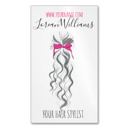 キュートなピンクの弓グレーと白のブレイダーのヘアスタイリング マグネット名刺