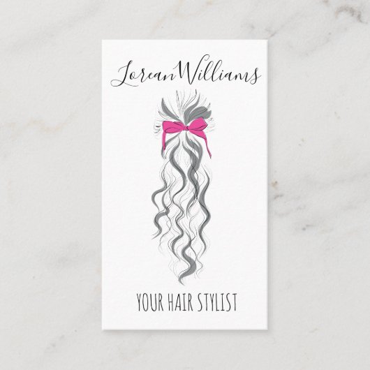 キュートなピンクの弓グレーと白のブレイダーのヘアスタイリング 名刺 (正面)