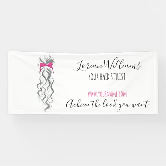 キュートなピンクの弓グレーと白のブレイダーのヘアスタイリング 横断幕 (横)