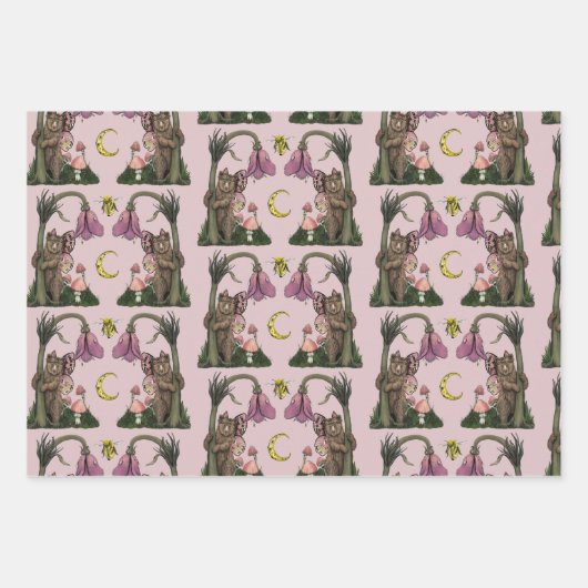 キュートなピンクの森クマの妖精キノコの森 ラッピングペーパーシート (正面3)