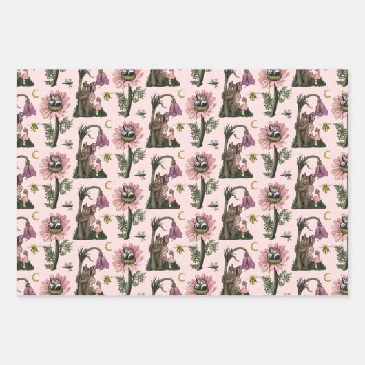 キュートなピンクの森クマの妖精キノコの森 ラッピングペーパーシート (正面2)