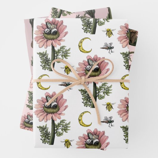 キュートなピンクの森クマの妖精キノコの森 ラッピングペーパーシート (インサイチュ)