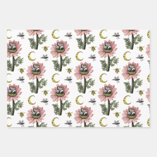 キュートなピンクの森クマの妖精キノコの森 ラッピングペーパーシート (正面)