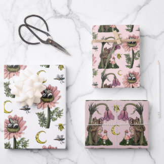 キュートなピンクの森クマの妖精キノコの森 ラッピングペーパーシート