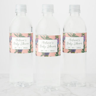 キュートなピンクの熱帯鳥サファリの赤ちゃんシャワー ペットボトルラベル