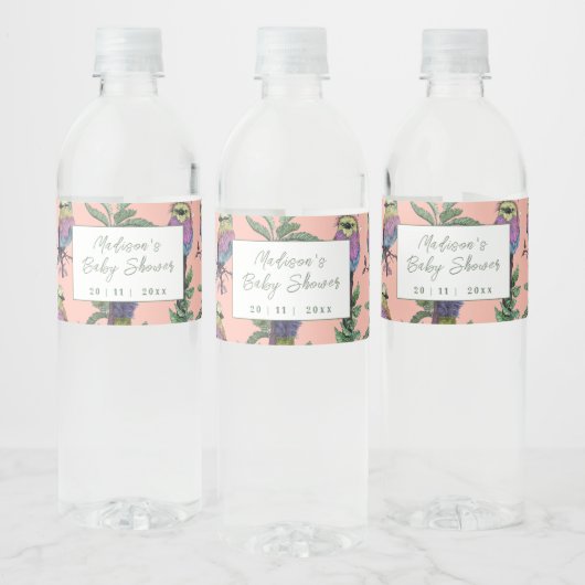 キュートなピンクの熱帯鳥サファリの赤ちゃんシャワー ペットボトルラベル (ボトル)