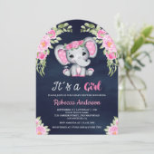 キュートなピンクの花のゾウのアーチ ネイビー ベビーシャワー 招待状 (スタンド正面)