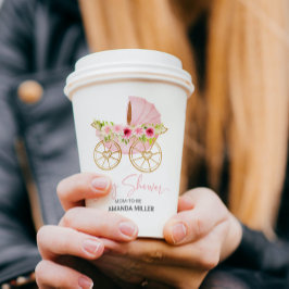 キュートなピンクの花飾ベビーベビーカー 紙コップ