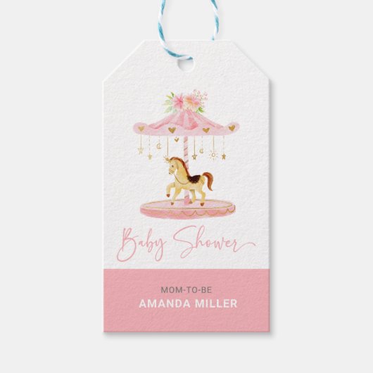 キュートなピンクの花飾ポニー回転木馬 ギフトタグ (正面)