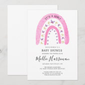 キュートなピンクの虹の蝶のボヘミアンバビーシャワー 招待状 (正面/裏面)