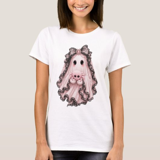 キュートなピンクの蜘蛛の幽霊のハロウィンTシャツ | コケット Tシャツ (正面)