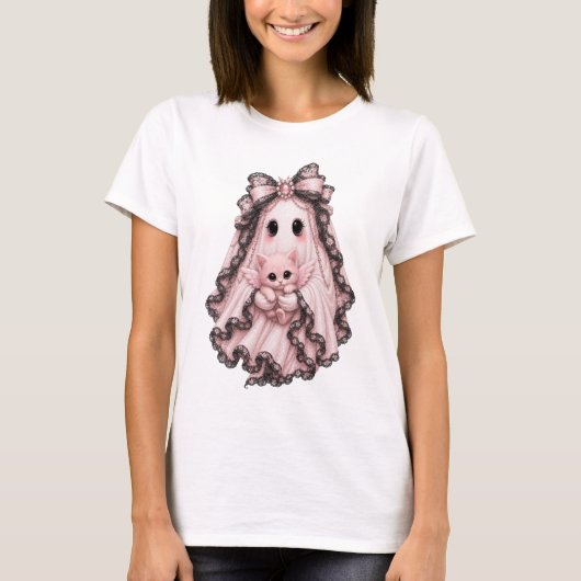 キュートなピンクの蜘蛛の幽霊のハロウィンTシャツ | コケット Tシャツ (正面)
