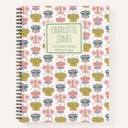 キュートなピンクの蝶パーソナライズされた物語の雑誌 ノートブック (正面)