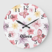 キュートなピンクの蝶モノグラム ラージ壁時計 (正面)