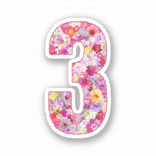 キュートなピンクの装飾的な植物の花の数字3 シール (正面)