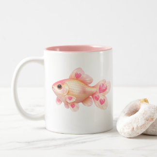 キュートなピンクの金魚とハートのかわいい2トーン ツートーンマグカップ