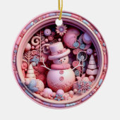 キュートなピンクの雪だるま クリスマス セラミックオーナメント (正面)