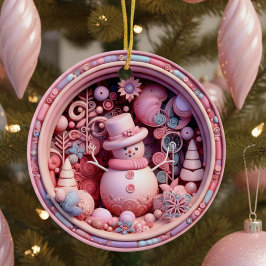 キュートなピンクの雪だるま クリスマス セラミックオーナメント