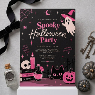 キュートなピンクの魔女のハロウィンパーティー 招待状