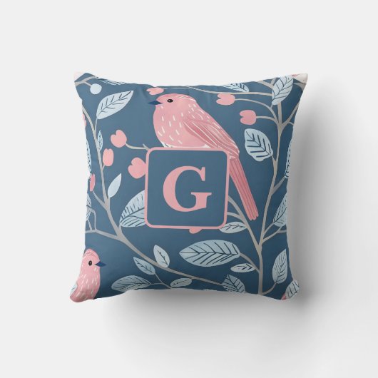 キュートなピンクの鳥の青の灰色のモノグラムパーソナライズされた クッション (裏面)