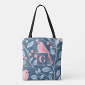 キュートなピンクの鳥の青の灰色のモノグラムパーソナライズされた トートバッグ (裏面)